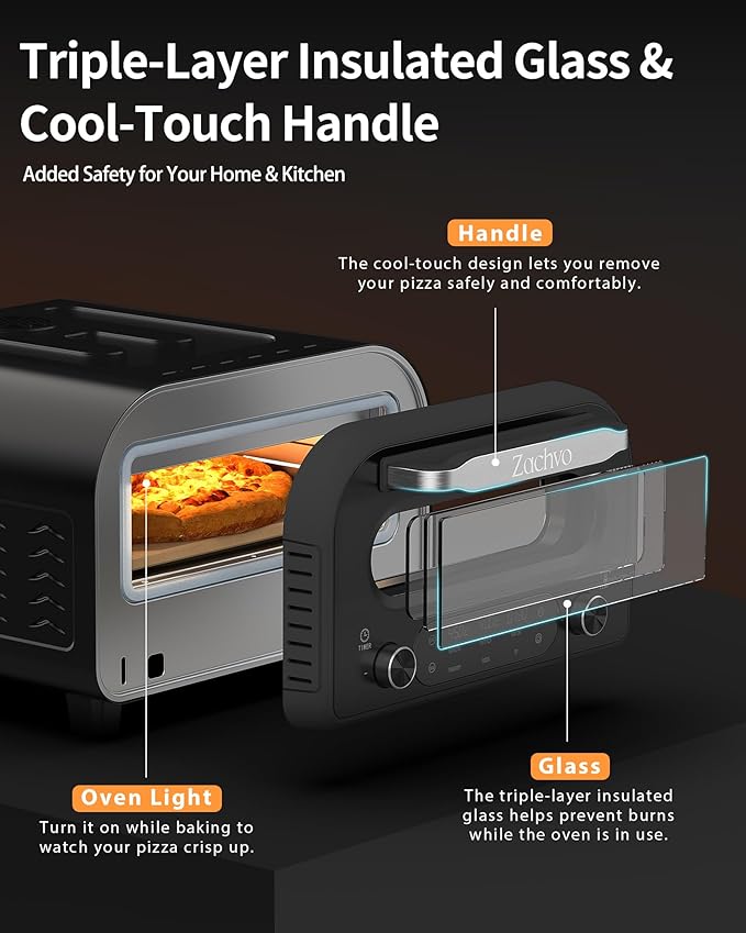 Pizza Oven Indoor, Heats up to 850°F, Makes 12” Pizzas in 90 Seconds, Electric Pizza Oven with 6 Touchscreen Presets, Countertop Pizza Ovens for Kitchen, Recipes & Pizza Stone Peel Included, Silver