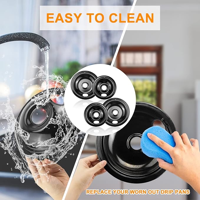 Black Porcelain Drip Pans Set 4-Pack 318067041 & 318067051 Compatible with Frigi-daire Ken-more Range Oven Replaces Electric Range Stove Burner 5304430149,5304430150 by Fetechmate
