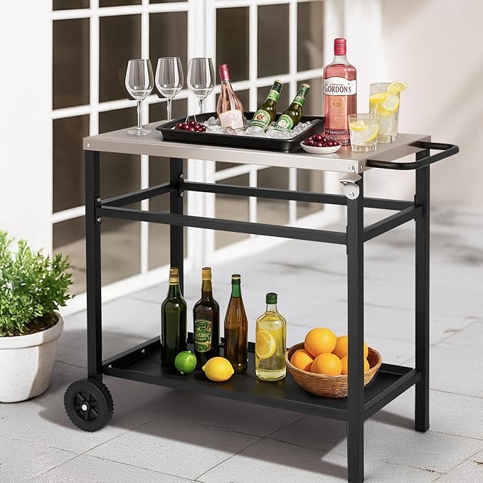 ROVSUN Upgraded Grill Dining Cart Table, Stainless Steel Bar Table Top, Movable Kitchen Island Stand for Outdoor Food Prep, Pizza Oven, Charcoal Accessories, Patio, Garden, Parties