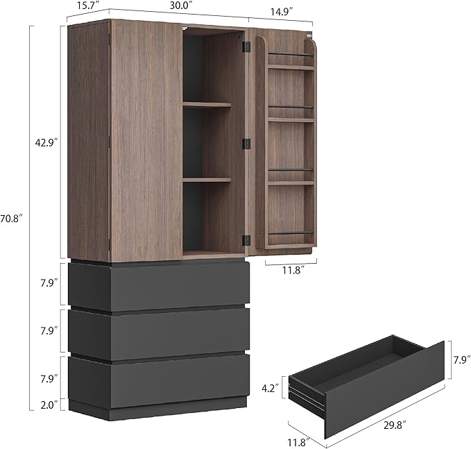 70.8" Kitchen Pantry Cabinet with 3 Drawers Freestanding Kitchen Storage with 3-Tier Cabinet & Door-Mounted Shelves Hidden Handle Magnetic Closure Freestanding Storage for Dining Room