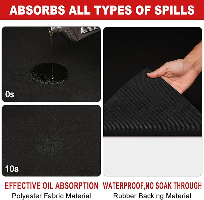 Golener Oil Spill Mat - Garage Floor Mat, Absorbent Oil Pad, Premium Maintenance Mat, Waterproof, Contain Liquid, Protect Garage Surface from Spill & Stain, Reusable, Washable, Durable, Black, 29”x36”