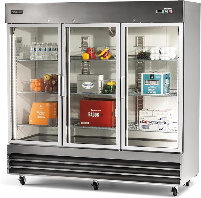 PEAKCOLD 3 Glass Door Commercial Refrigerator - 72 Cubic Ft, 81" Wide Stainless Steel Reach-In Commercial Refrigerator with White Internal Lighting - Freestanding Industrial Fridge