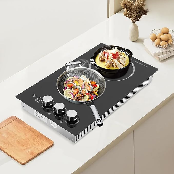 2-Burner Electric Cooktop, 20 Inch Electric Stovetop, Built-in Induction Stove Top for Home Kitchen, Stainless Steel Glass Ceramic Cooktop with Child Lock