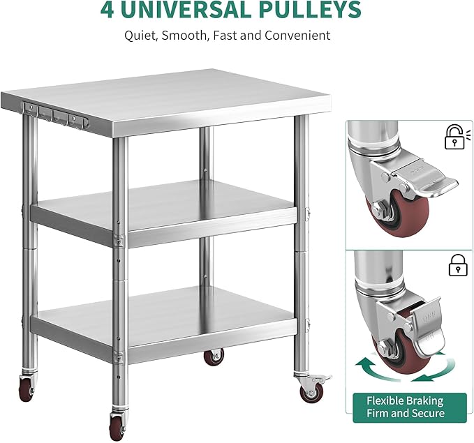 YITAHOME NSF Stainless Steel Table, 36" X 24" Worktable with Wheels, 3 Shelves Metal Prep Workstation for Home Kitchen Restaurant Garage Warehouse Outdoor