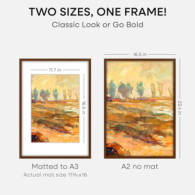 Homeforia A2 Picture Frame Brown, High End Dark Oak 16.5 x 23.4 Wooden Poster Frame Matted to 11.7 x 16.5 Photo, A2 Walnut Wood Frame with Mat A3, 16.5 x 23.5 Frame, Tempered Glass, Wall Kit, Set of 3