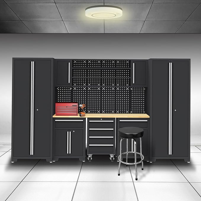 Garage Storage Cabinet System - 9-Pc Steel Workshop Set w/Workbench Includes Cabinet Drawers & Pegboard | Gray Tool Organization System for Garage/Workshop