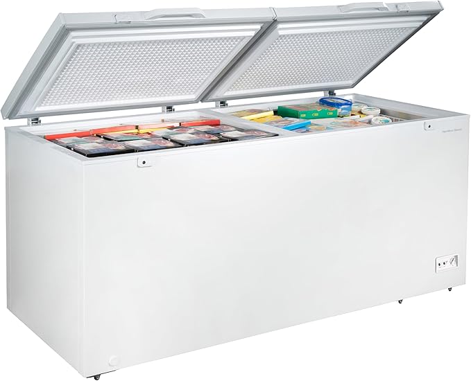 Hamilton Beach 25 Cu. Ft. Garage Ready Chest Freezer, White Deep Freezer, Adjustable Thermostat, Easy Defrost Drain, Double Door Lid, for Storage, Hunting, Large Family - 29"D x 79"W x 38"H