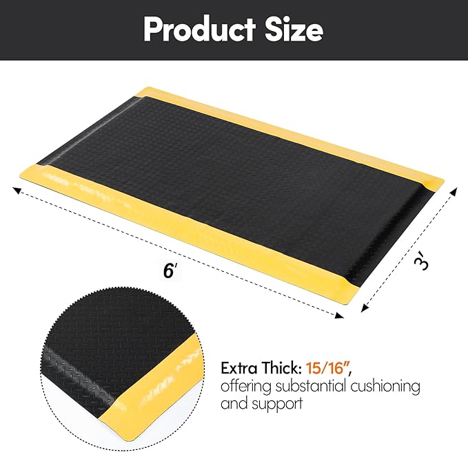 Anti Fatigue Mats Industrial 3' x 6' 15/16" Thick Thick Ergonomic Standing Mat Commercial Kitchen Mat Heavy Duty Diamond Plate Cushioned Shop Floor Mats Helps Relieve Back and Leg Soreness