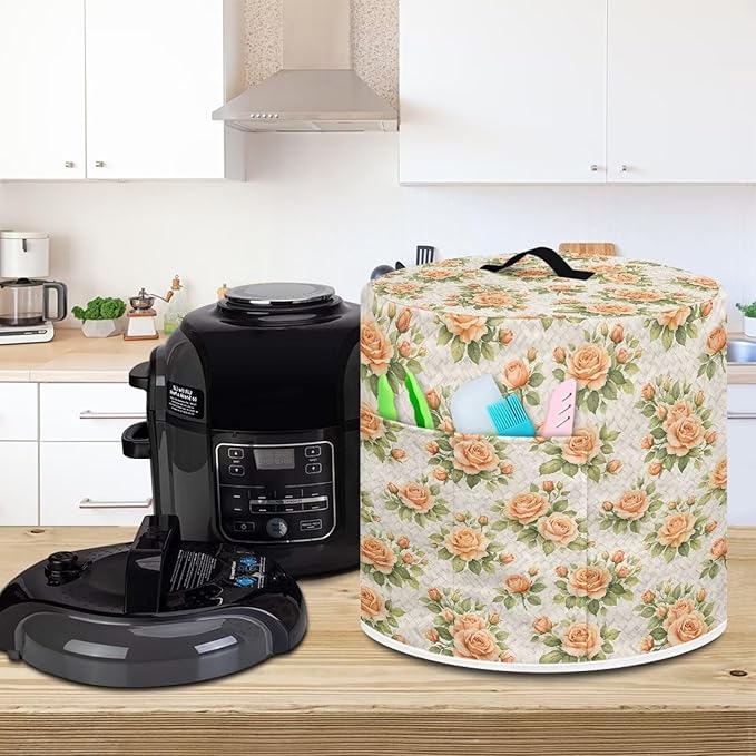 Xoenoiee Peach-colored Roses Print Kitchen Appliance Dust Cover with Pockets, Electric Pressure Cooker Cover Compatible with Crock Pot, Rice Cooker Covers, for 6 Qt