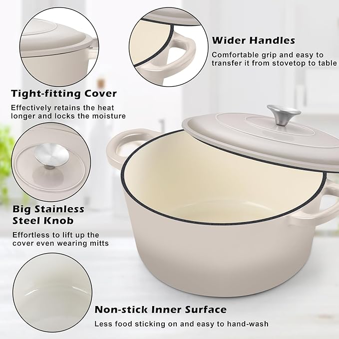 TeamFar Enameled Cast Iron Dutch Oven, 7qt Dutch Oven Pot Nonstick Cookware with Lid & Dual Handles for Bread Baking, Cooking, Oven Safe up to 500℉ & Various Stovetops, Healthy & Heavy Duty - Khaki