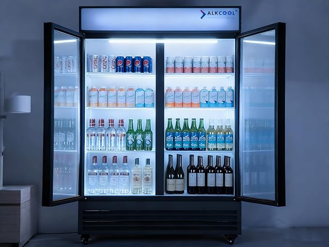 Commercial Beverage Refrigerator Display Fridge,Two Glass Door Upright Merchandiser Drink Cooler with LED Light Adjustable Shelves,46 Cu Ft,ETL Sanitation,(Wheels Included)