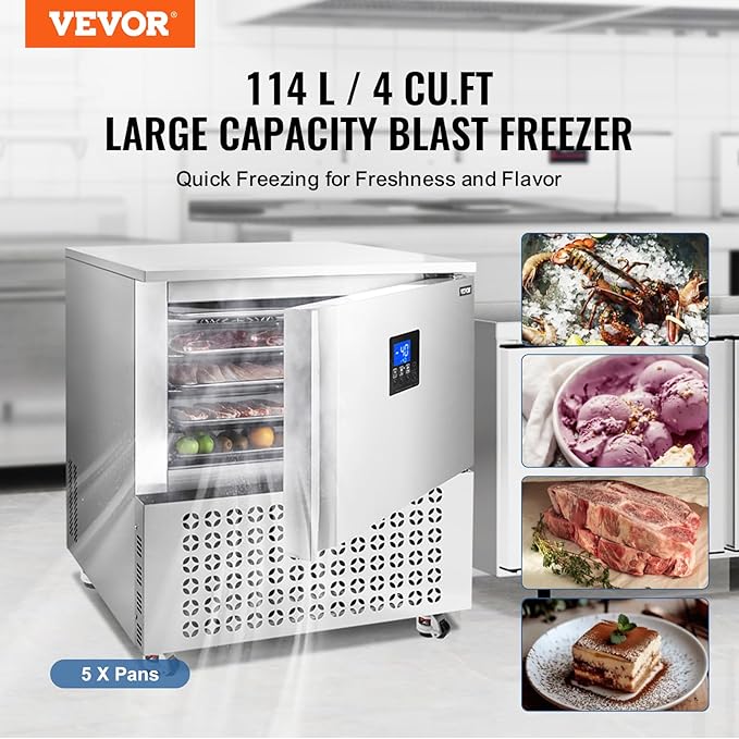 VEVOR 114 L Blast Chiller, 5 Trays Commercial Flash Freezers, <-31~68°F> 4 Modes Chest Shock Frozen, 304 Stainless Steel Flash Freezer, 360° Defrost Blast Chiller with Caster for Seafood, Ice Cream