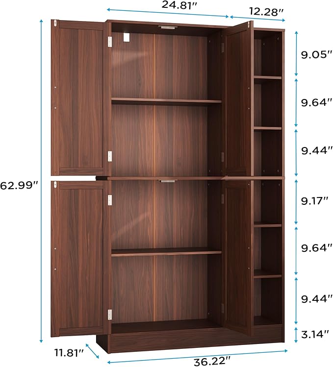 63" Tall Brown Kitchen Pantry, Freestanding Storage Cabinet with 4 Doors, Adjustable Shelves for Dining Room, Laundry Room
