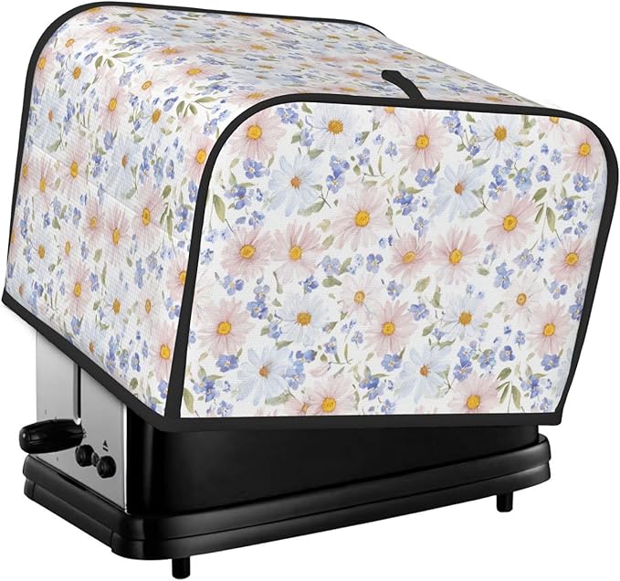 4 Slice Toaster Cover for Kitchen Flower Pastel Floral Waterproof and Dustproof Toaster Dust Cover with Side Pockets Decorative Universal Cover for Wide Slot Toasters and Small Appliances