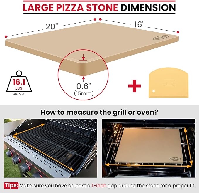 Unicook Large Rectangular Pizza Stone for Oven and Grill 20" x 16" x 0.6", Thermal Shock Resistant Cordierite Baking Stone, Ideal for Baking Crispy Pizzas, Bread and Cookies, Dough Cutter Included