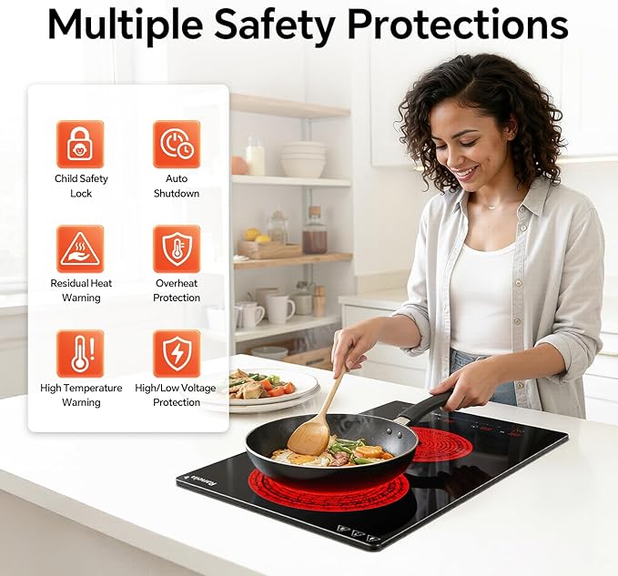 Ranein Electric Cooktop with 2 Burners, 12 inch 3000W 240V Ceramic Panel Electric Cooktop, Multiple Safety Protections Stove, Touch Screen