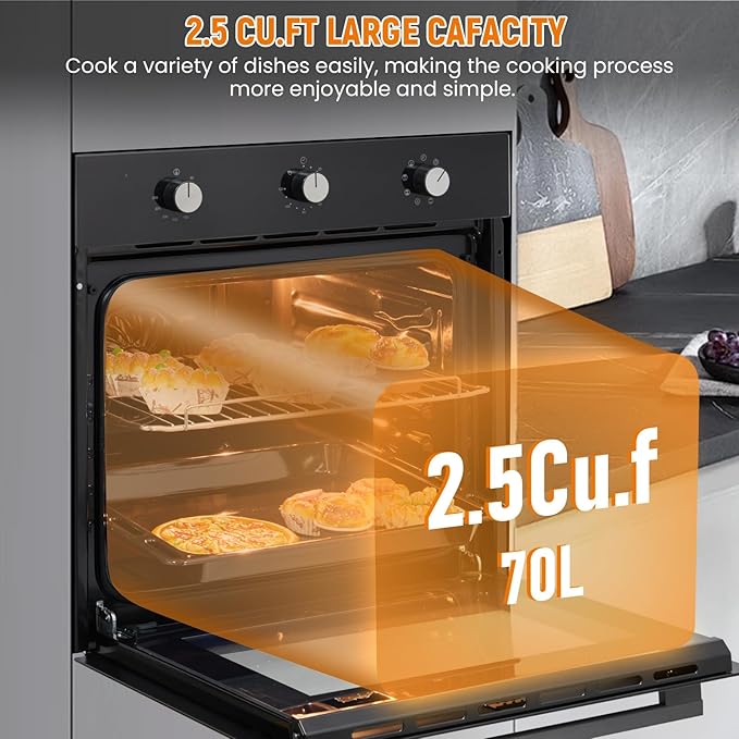 24 Inch Built-in Electric Single Wall Oven, 2.5Cu.ft. Stainless Steel Convection Oven with 8 Cooking Functions, Mechanical Knob Control, Timer, Convection Fan and Safety Lock, 3000W, Black