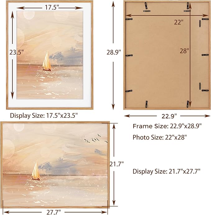22x28 Picture Frame, 22 x 28 Poster Frame - Solid Oak Wood and Tempered Real Glass, 22"x28" Wood Frame, 22x28 Picture Frame Matted to 18x24, 22 by 28 Art Frame, Natural Oak Color