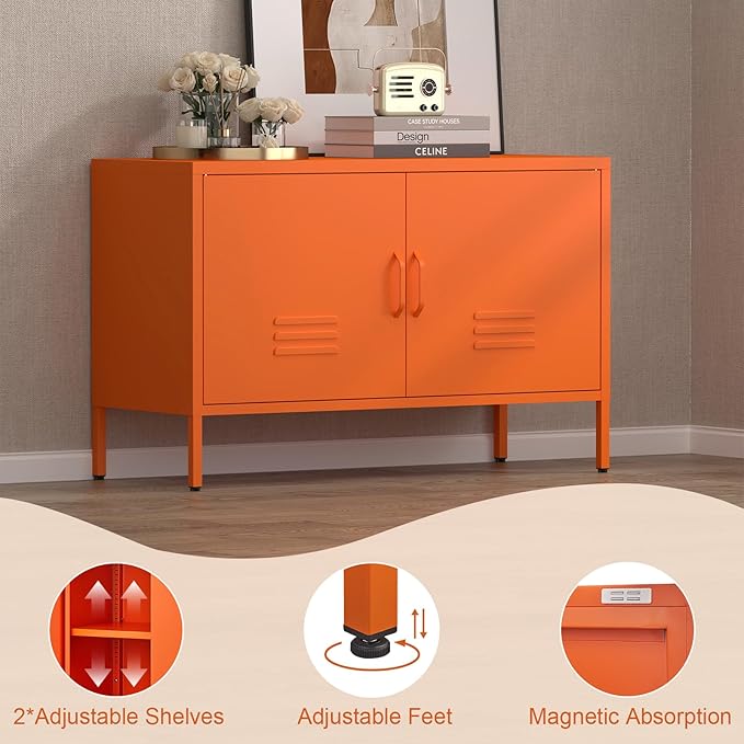 Locker Cabinet,Metal Storage Cabinet with 2 Doors,Morden TV Stand for Living Room,Bedroom,Orange