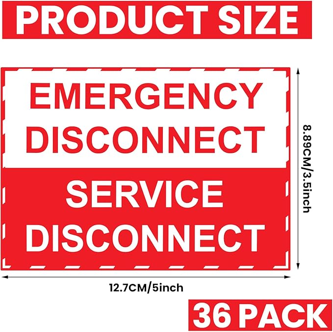 LEIFIDE 36 Pack NEC Compliant Emergency Disconnect Sticker 5"x 3.5" Emergency Disconnect Service Warning Sticker Shut Off Sign Uv-Resistant Electric Panel Labels Vinyl Waterproof for Indoor Outdoor