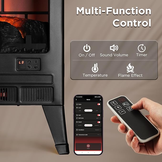 TURBRO Suburbs 25" WiFi Electric Fireplace Infrared Heater with Crackling Sound, Freestanding Fireplace Stove with Adjustable Flame Effects, Overheating Protection, Timer, Remote Control 1400W