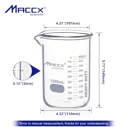 34oz(1000ml) New Upgraded Glass Beakers, Heavy Duty Lab Beaker,3.3 Borosilicate with Double Scale, HDBK1K0-001