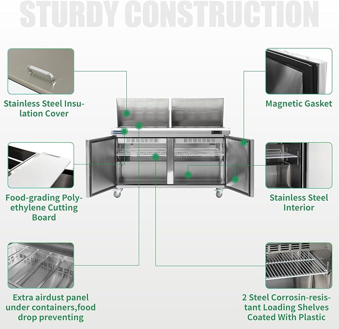 ICECASA 60" W Commercial Refrigerator Sandwich&Salad Prep Table Mega Top 2 Door Stainless Steel Counter Fan Cooling Refrigerator with 24 pans-60 Inches for Restaurant, Bar, Shop, etc