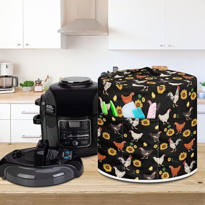 Insulated Pressure Cooker Appliance Cover, Also Fit for Rice Cooker, Air Fryer and Crock Pot, 6 Qt Dust Cover with Pocket for Spoon/Cooking Utensils/Recipes, Chicken Sunflower Black