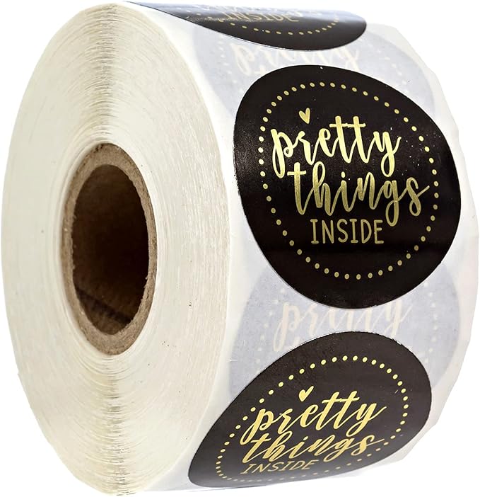 Black and Gold Foil Pretty Things Inside Stickers / 500 Sticker Roll / 1.5" Round Label/Small Business Online Retailer Labels