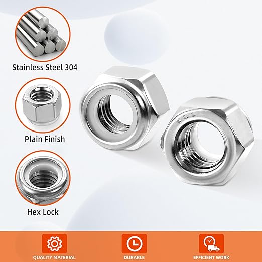MewuDecor #10 32 Nylon Insert Hex Lock Nuts Locknuts, 304 Stainless Steel 18-8, Bright Finish, 100 PCS