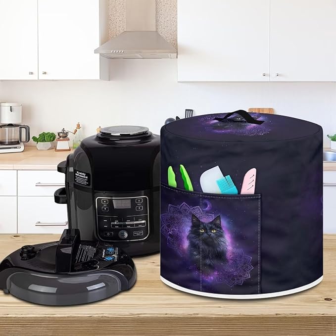 Xoenoiee Black Cat Boho Mandala Print Pressure Cooker Cover for Kitchen Appliance Dust Cover with Pockets for Rice Cooker Air Fryer Slow Cooker, for 8 Qt Pot