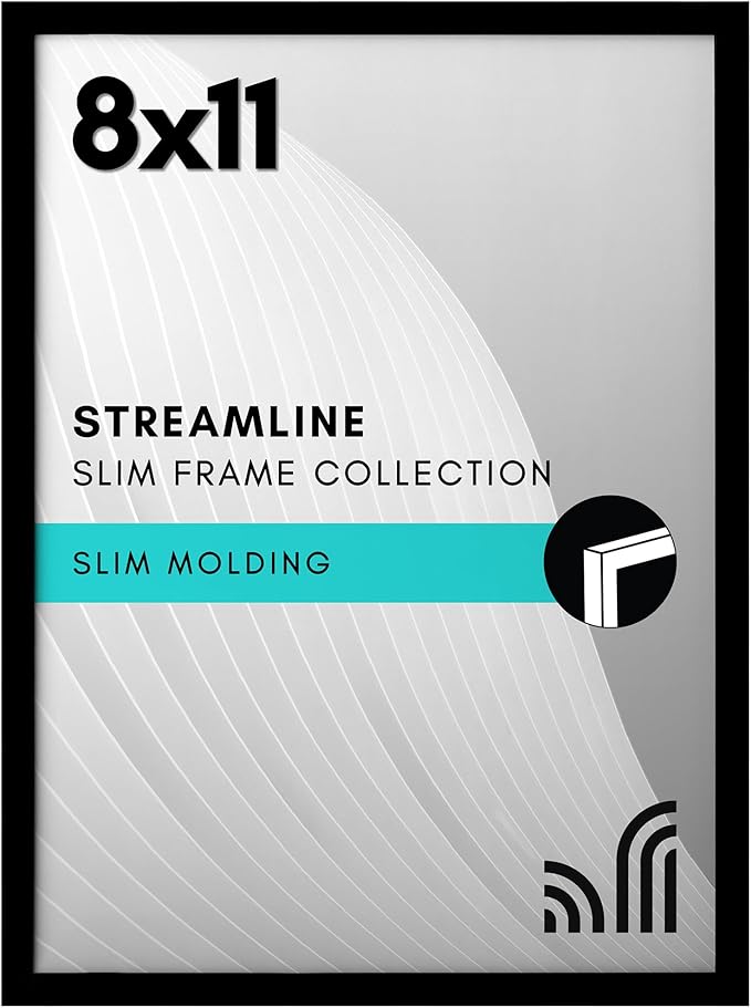 Americanflat 8x11 Picture Frame with Shatter-Resistant Glass - Streamline Collection - Thin Border Photo Frame for Tabletop and Wall Display - Hanging Hardware and Easel Stand Included - Black