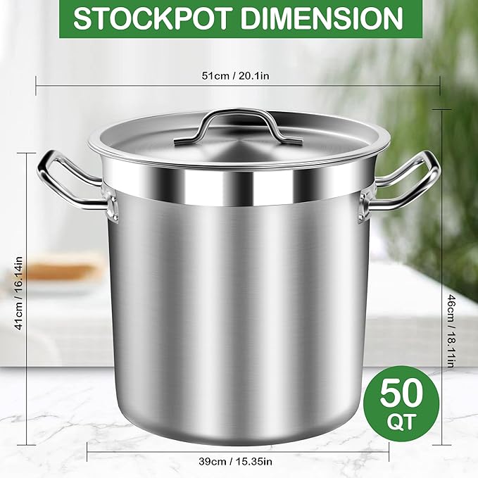 Commercial Grade Large Stock Pot - Soup Pot with Lid - Non-Nickel Stainless Steel - Healthy Cookware Polished Stockpots - Heavy Duty - 50 Quart (12.5Gallon)