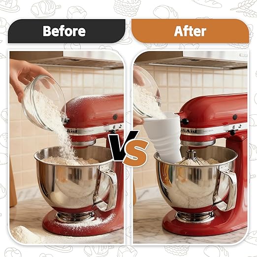 Flour Funnel for Kitchen Aid Mixer - Stand Mixer Attachment Accessory Compatible with (KSM150) 4.5-5 Qt Tilt-Head Mixers,Easy Pour Anti-Splash Baking Tool,for Egg Liquid and Both Flour -White