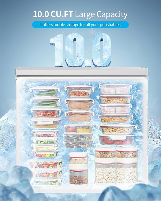 TABU 10 Cu Ft Deep Freezer,Top Opening Chest Freezer with Storage Basket, Energy Saving Compact Freezer with 7 Level Adjustable Thermostat, Removable Basket (White)