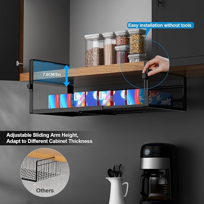 2Pack Under Shelf Basket, Adjustable Hanging Under Cabinet Shelf Storage, Hanging Holder Length Stretchable 14.9-22.6Inch for Kitchen Pantry Desk Counter Bookshelf Cupboard (Black)