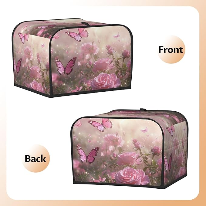 4 Slice Toaster Cover for Kitchen Spring Butterfly Rose Garden Waterproof and Dustproof Toaster Dust Cover with Side Pockets Decorative Universal Cover for Wide Slot Toasters and Small Appliances