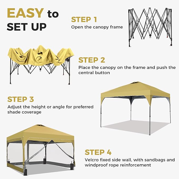 Saemoza 12x12 Pop Up Canopy Tent with One Push Setup, Outdoor Sun Shade Canopy for Backyard Party, Easy Up Instant Shelter with 4 PVC Transparent Sidewalls, 4-Sandbags & Wheel Bag, Khaki.