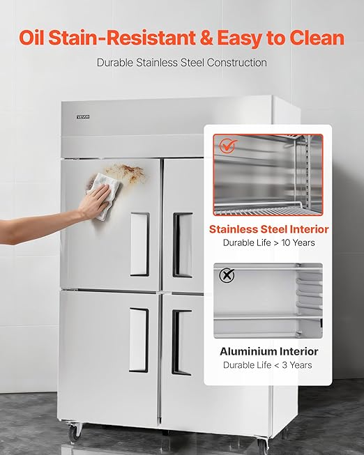 VEVOR Commercial Reach-In Refrigerator 48" W, 32 Cu.Ft Stainless Steel Upright Refrigerator with 4 Doors, Auto-Defrost, 6 Adjustable Shelves, 32 to 50℉ Temp Control, UL Certified