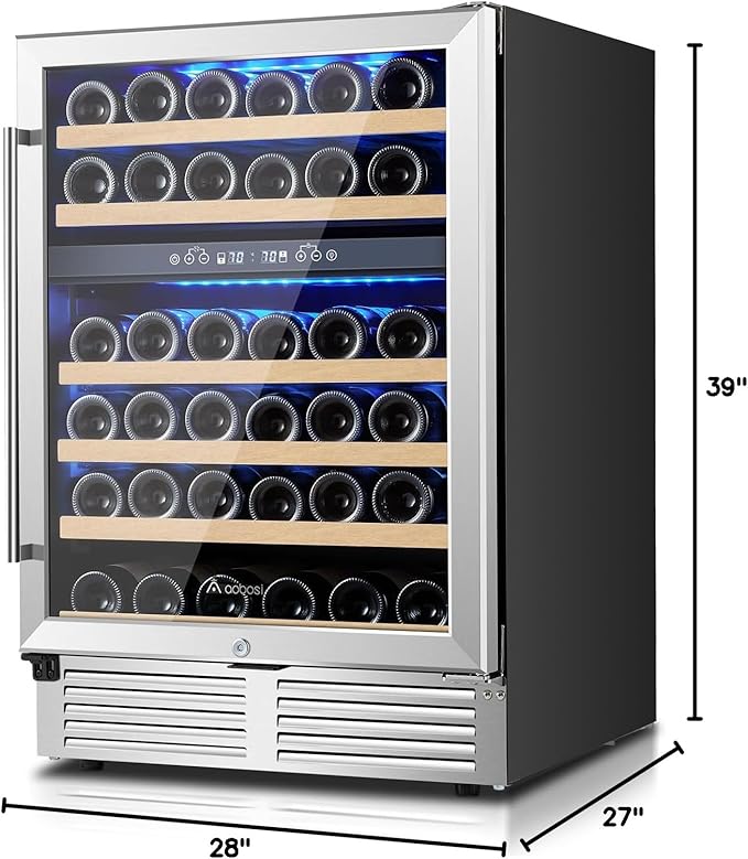 AAOBOSI 24 Inch Wine Cooler,46 Bottle -Dual Zone Built-in or Freestanding with Blue LED Light and Adjustable Shelves for Home,Kitchen or Office.