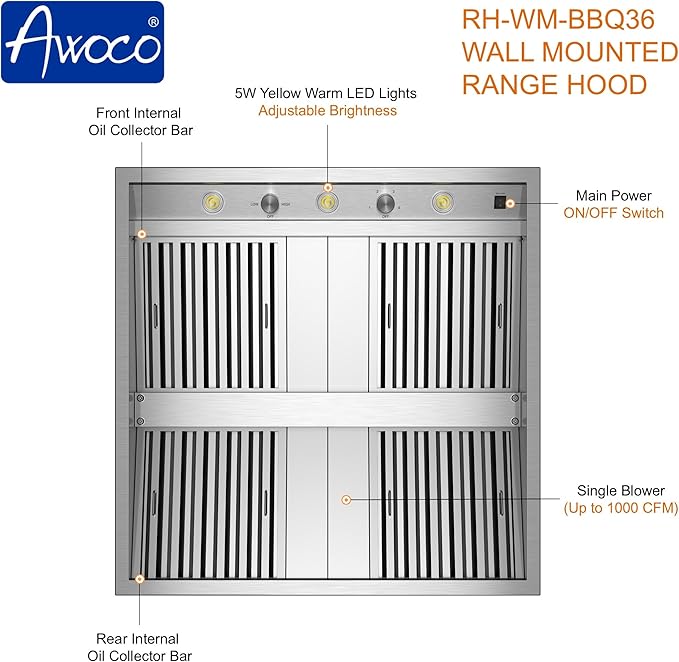 Awoco 36” Outdoor BBQ Vent Hood 17” High Type 304 Stainless Steel, 4 Speeds 1000 CFM, Adjustable LED Lights, 8” Round Top Vent