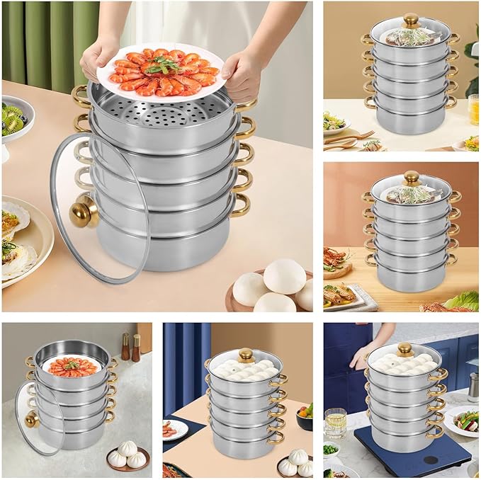 Steamer 30*47cm/11.81*18.5in, 5-tier Stainless Steel Steam Cooker w/ Clear Lid & Gold Anti-scald Handles, Home Stackable Multipurpose Steam Pot for All Hobs (1x1.32Gal Bottom Pan, 4xSteamer Baskets)