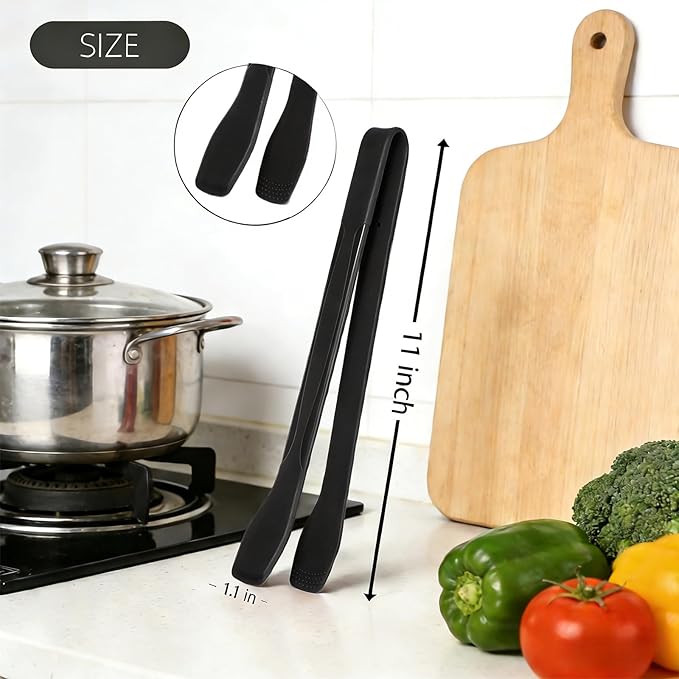 Silicone Tongs for Cooking, Black Heat Resistant Kitchen Tongs with Silicone Tips (11inch), Non-Scratch Food Tongs for Flipping, Serving, Salad, BBQ Serving Toast, Dishwasher Safe (Black)