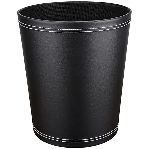 GORESE Pu Leather Trash Can, 2.6 Gallon Black Bathroom Trash Can, Small Office Garbage Can Wastebasket for Bedroom, Kitchen, Round Trash Bin Decorative Under-Sink/Desk/Home Easy to Clean