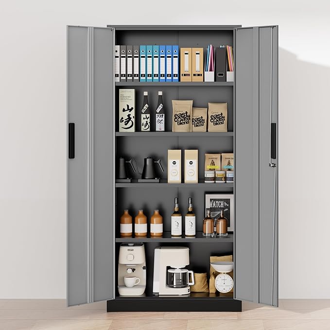 Greenvelly Metal Garage Storage Cabinet with 2 Doors and 4 Adjustable Shelves, 72”H Steel Lockable Storage Cabinet,Tall Metal Cabinet Locking File Cabinet for Office,Home, Garage, Gym, School