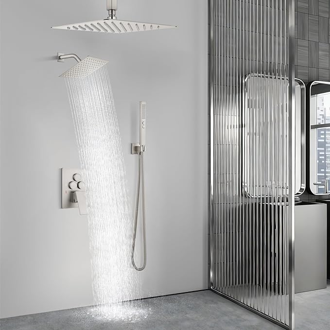 Aolemi Shower Faucet Set Ceiling Mount Shower System Rough-in Valve and Shower Trim Kit 2 in 1 Handheld Spray Push Button Diverter 16 and 6 Inch Dual Shower Head Brushed Nickel