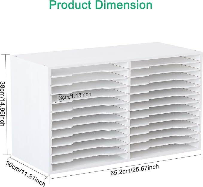 EasyPAG Scrapbook Paper Storage Organizer for Craft Room, 12x12 Paper Storage Desk Shelf, 24 Slot Adjustable File Sorter for Office School Classroom, White
