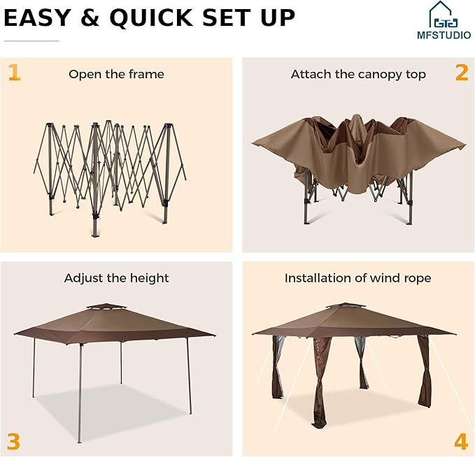 MFSTUDIO 13x13 Pop Up Canopy Tent, Gazebo Shelter Sun Shade Canopies Patio Portable Popup Tents Outdoor for Beach,Parties,Camping, 169 Sq. Ft of Shade