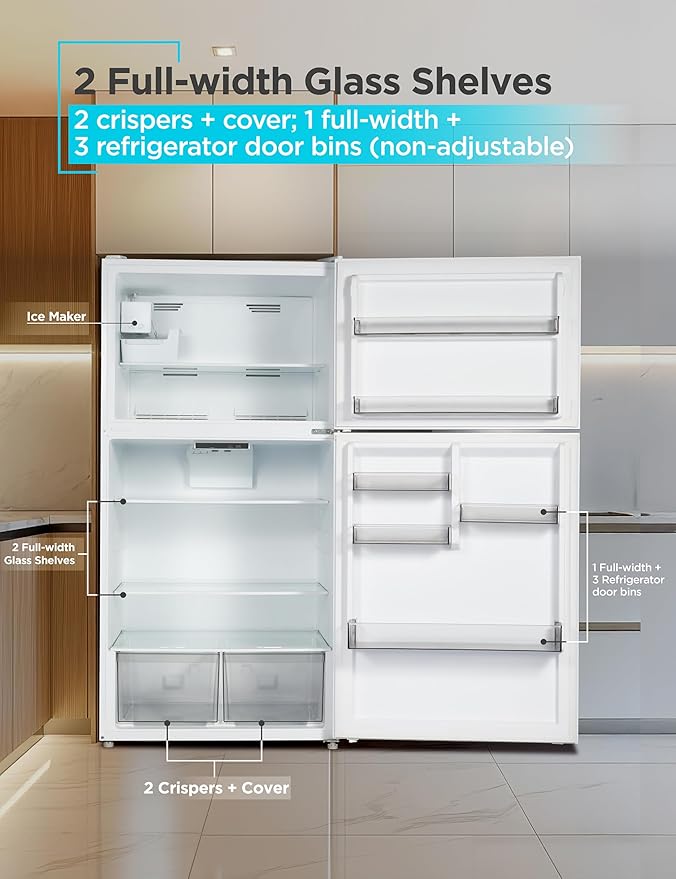 BLACK+DECKER 24 Cu. Ft. Top Mount Refrigerator with Ice Maker, 2-Door Refrigerator with Top Freezer, Freezer with Icemaker and Adjustable Temperature Control, ENERGY STAR, BR2400JIMW, White
