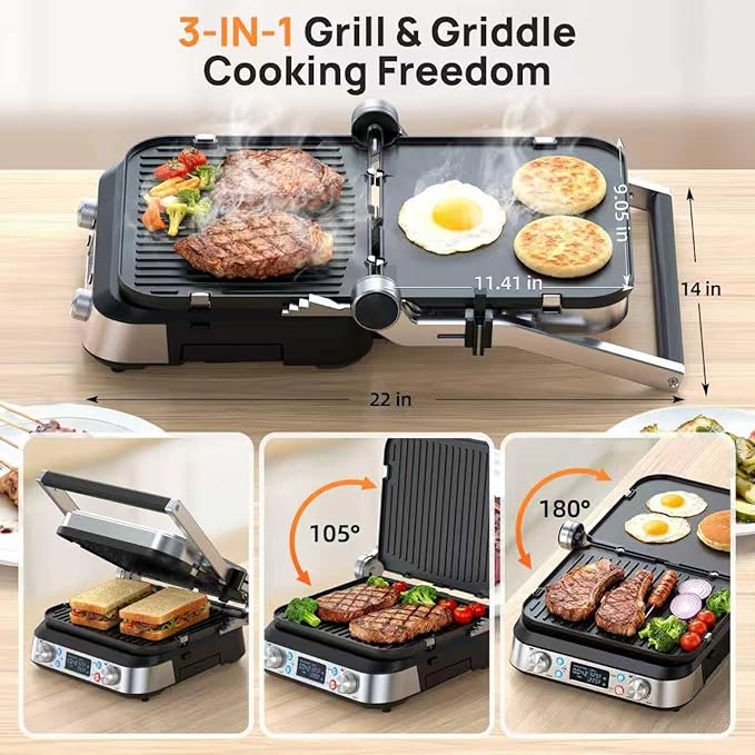 6-in-1 Griddle and Indoor Grill, 14’’ Electric Grill, For Steak, Burger, Eggs, Smokeless Pancake Griddle, Nonstick Removable 450°F Dual Adjustable Grill Plates, 90-Minute Timer, Dishwasher Safe